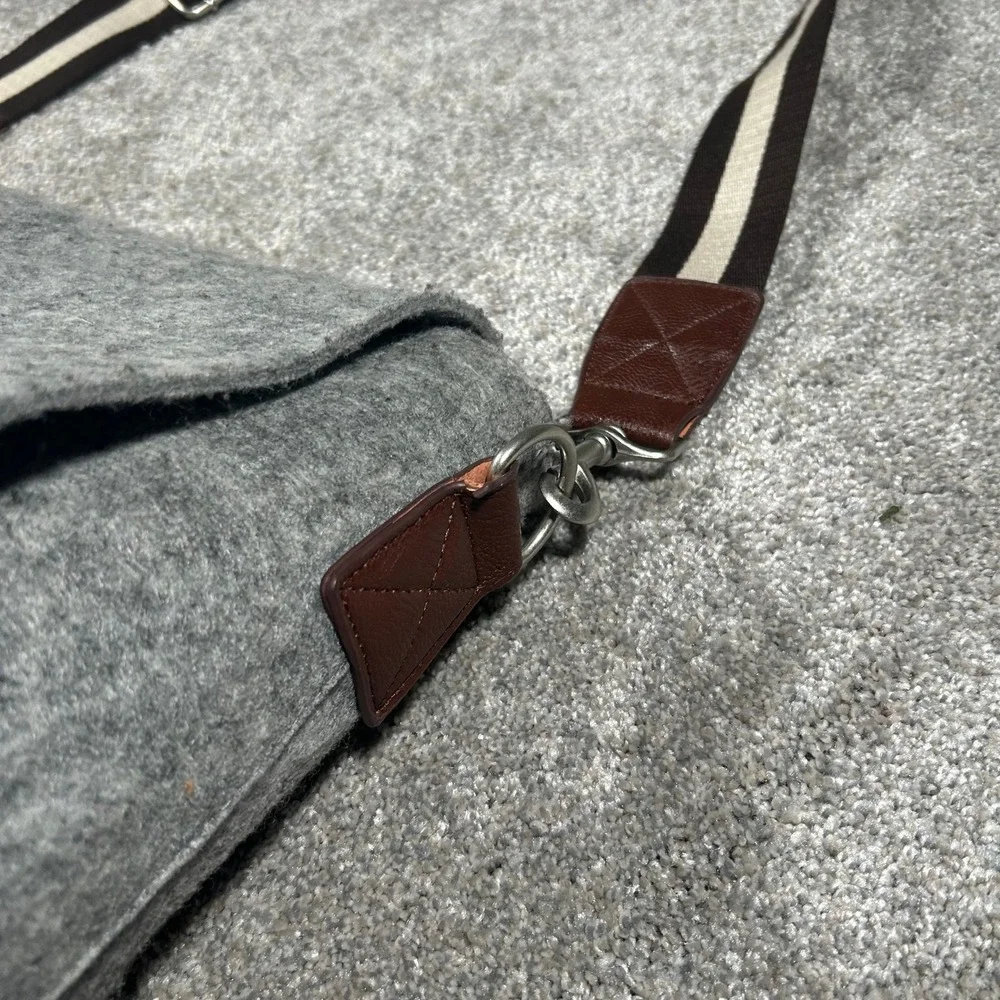 Rare Vintage Ducti Grey Wool Felt Messenger Bag Brown Leather Trim Striped Strap